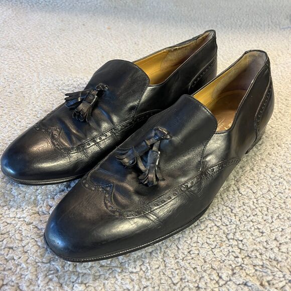 Salvatore Ferragamo Wingtip Loafers Mens 9.5DBlack Leather Tassle Dress Shoes